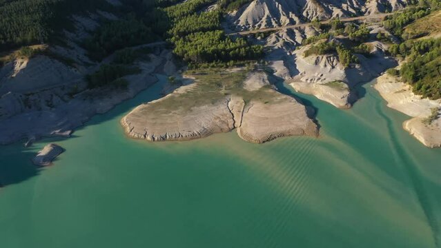 Aerial view of lake with mountains at Sierra de Guara national park, Aragon, Spain.