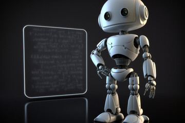 a white professor robot with artificial intelligence, with a doubtful face, in front of a blackboard, generated by IA