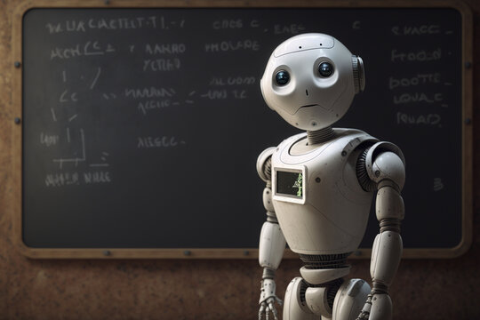 a white robot with artificial intelligence, with many doubts and a questioning face, in the background with a blackboard, generated by IA
