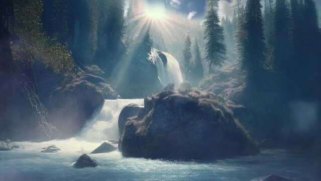 Waterfall cascade in the forest, mystical, fantasy, fairy tale, magical, generative AI