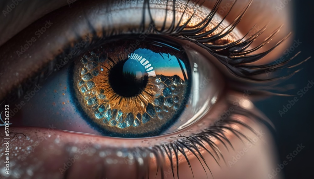 Poster a close up of a person's eye with the reflection of the sun in the iris of the eye and the reflectio