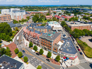 Historic commercial buildings on Hancock Street in historic downtown Quincy, Massachusetts MA, USA. 