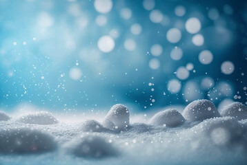 Fototapeta na wymiar Winter snow background, with beautiful light and snow flakes on the blue sky, beautiful bokeh circles. Generative AI