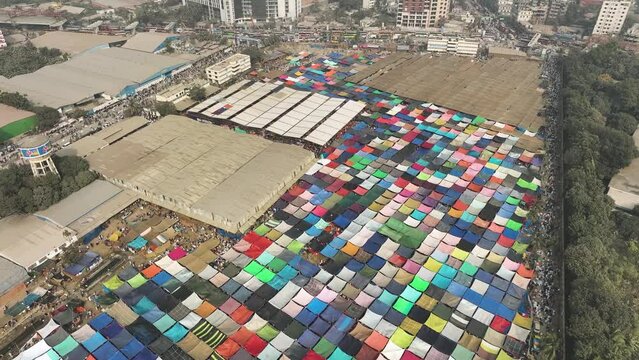 Aerial view of local market colourful tents at Minar Moshjid Tabling for the Global Muslims Congregation in Tongi, Dhaka, Bangladesh.