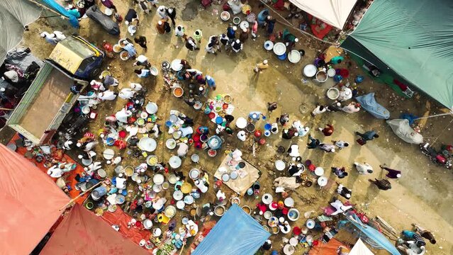 Aerial view of people at local market in Minar Moshjid Tabling for the Global Muslims Congregation in Tongi, Dhaka, Bangladesh.
