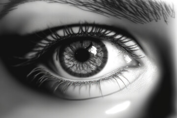 a macro in black and white A European woman's eye with eyelashes and a subdued pupil. With soft focus, close up of the eye's pupil. Generative AI