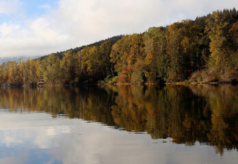Autumn colors of the trees reflected in the tranquil water