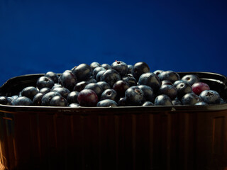 Freshly picked blueberries in a white vintage ceramic bowl. Selective focus, Free text space.