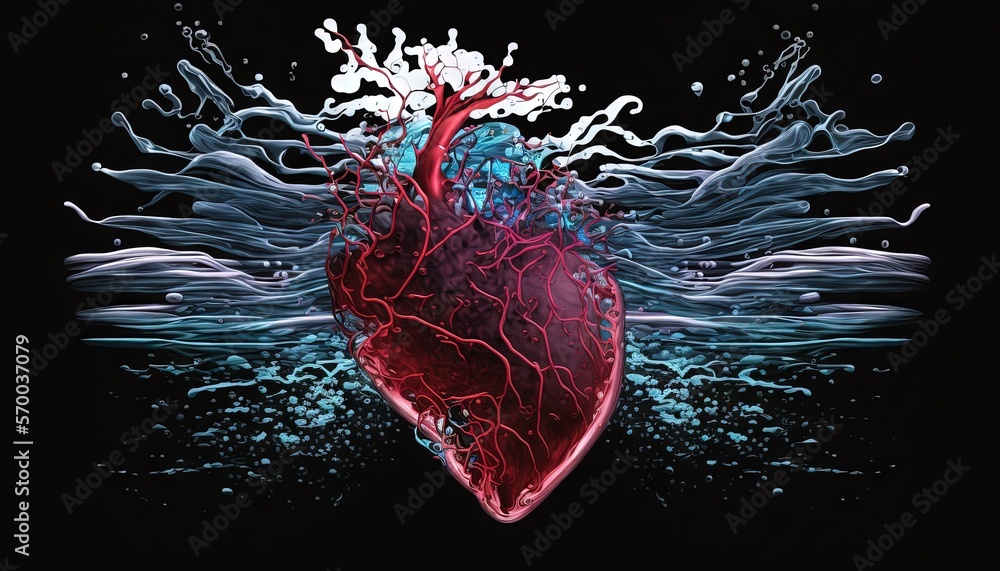 Poster a heart with water splashing out of it's sides and a red heart on top of the other side of the image