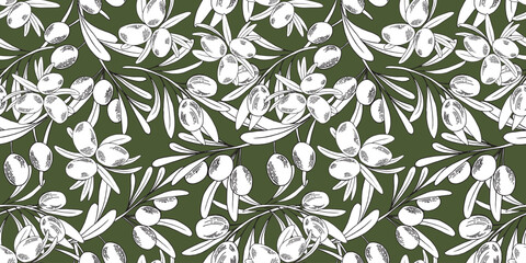 Seamless pattern with olive branches and fruits for Italian cuisine design, extra virgin oil food, cosmetic product packaging wrapper.
