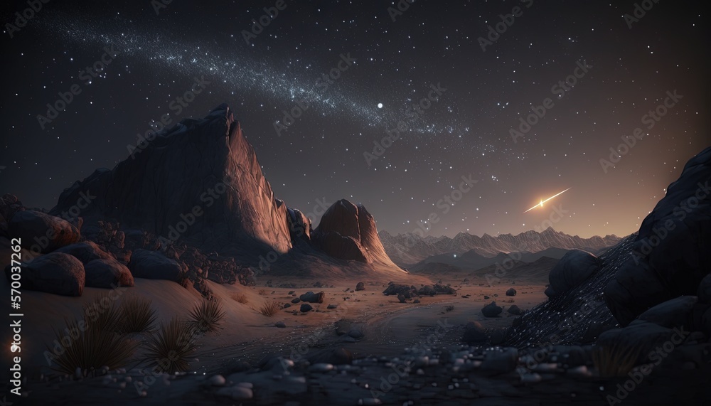 Poster an artist's rendering of a rocky landscape with a distant object in the distance and a distant objec