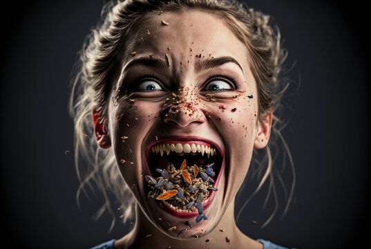 a woman in abstract look looks crazy while eating insects, insects in mouth as food. Generative AI