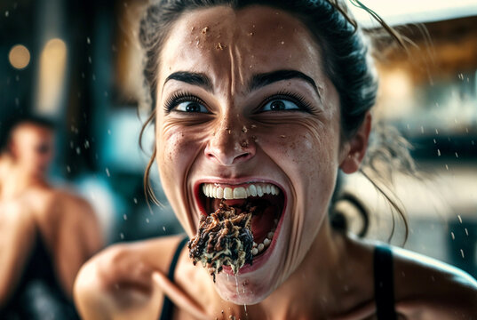 a woman in abstract look looks crazy while eating insects, insects in mouth as food. Generative AI