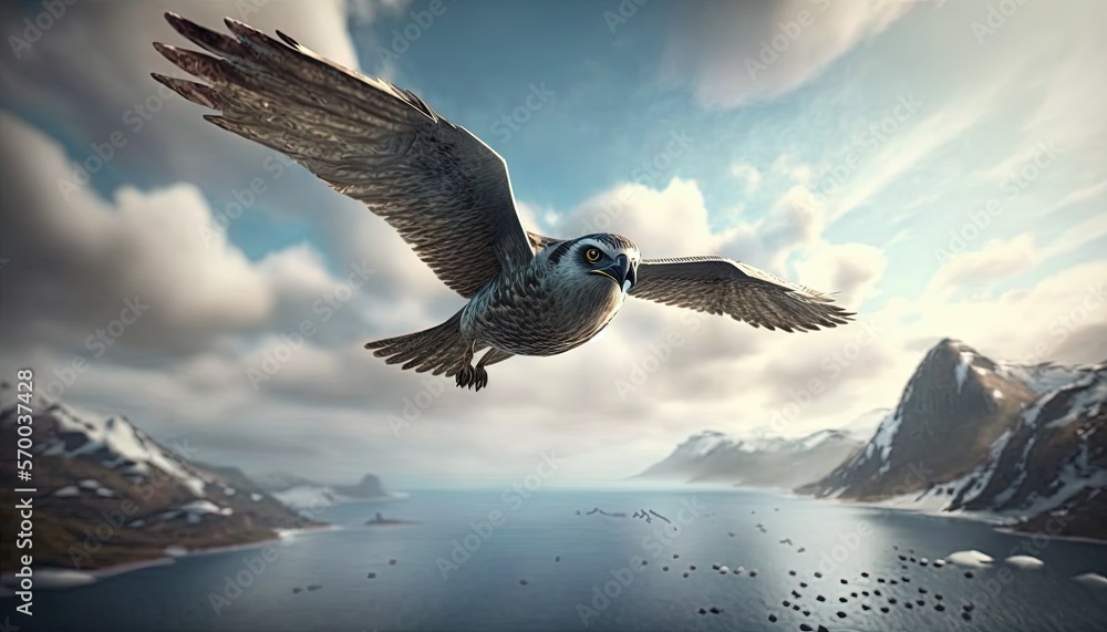 Poster a bird flying over a body of water with mountains and clouds in the background and a bird in the for
