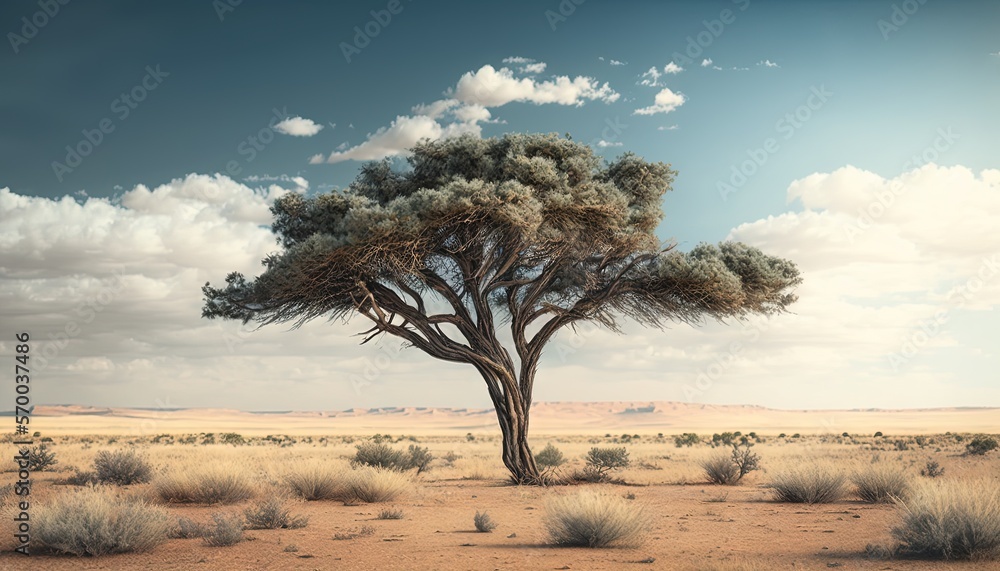 Poster a tree in the middle of a desert with clouds in the sky above it and a few bushes in the foreground 