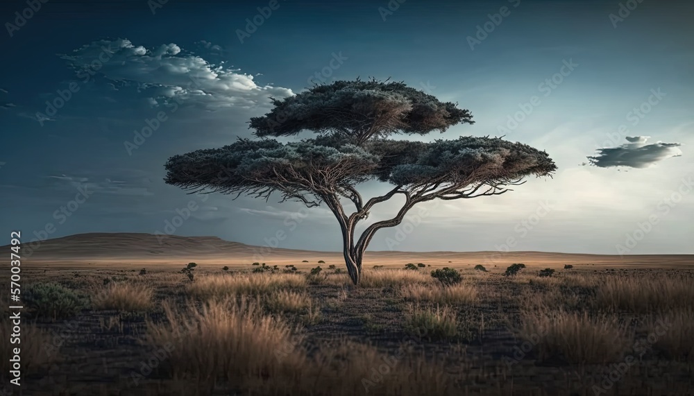 Poster a lone tree in the middle of a field with mountains in the background and clouds in the sky over the