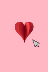 Creative concept click love. Paper 3d heart with computer cursor on pink background. Love concept.