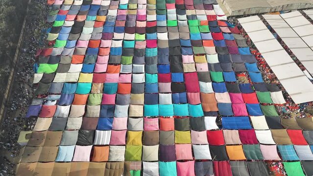 Aerial view of local market colourful tents at Minar Moshjid Tabling for the Global Muslims Congregation in Tongi, Dhaka, Bangladesh.