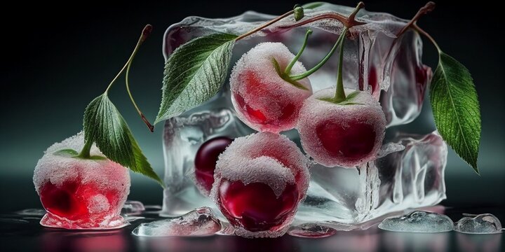 Kirschen gefroren in Eis Würfel für Cocktails, Nahaufnahme, ai generativ