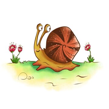 little snail on garden with bluming flowers