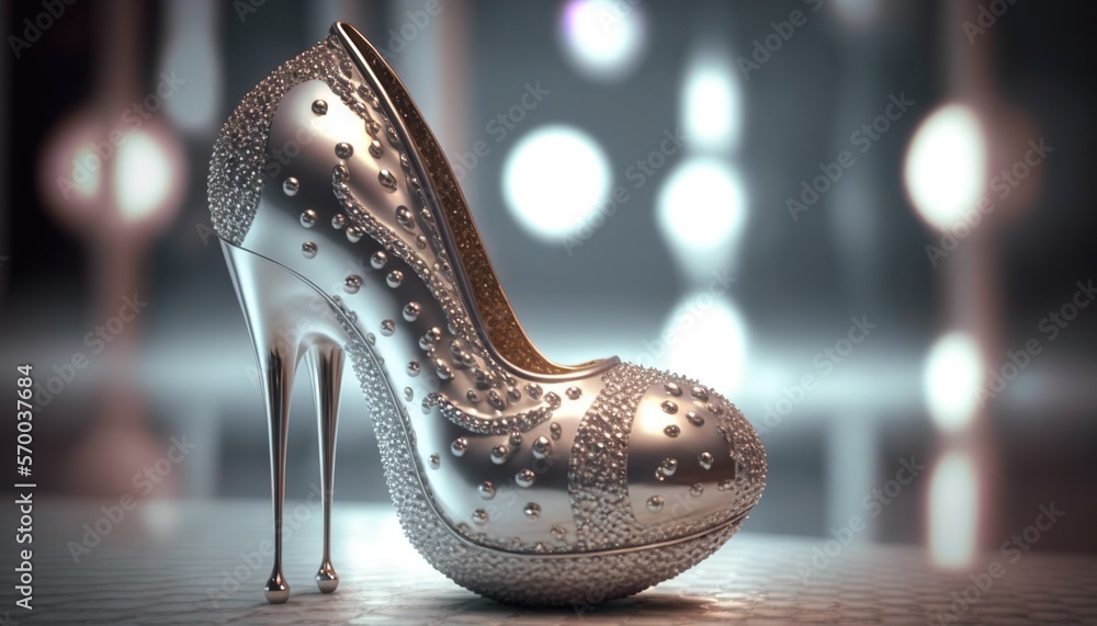 Poster a pair of high heeled shoes on a tiled floor in front of a window with lights in the back ground and