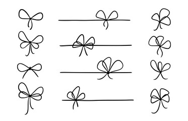 Bow gift ribbon line simple element set. Hand drawn doodle stroke ribbon bow. Elegant minimal line stroke style. Vector illustration - obrazy, fototapety, plakaty