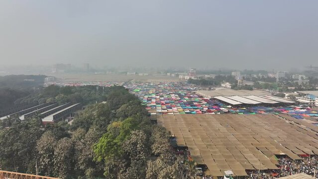 Aerial view of local market colourful tents at Minar Moshjid Tabling for the Global Muslims Congregation in Tongi, Dhaka, Bangladesh.