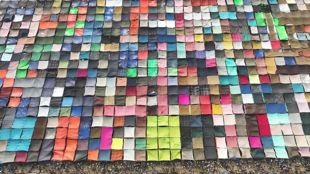 Aerial view of local market colourful tents at Minar Moshjid Tabling for the Global Muslims Congregation in Tongi, Dhaka, Bangladesh.