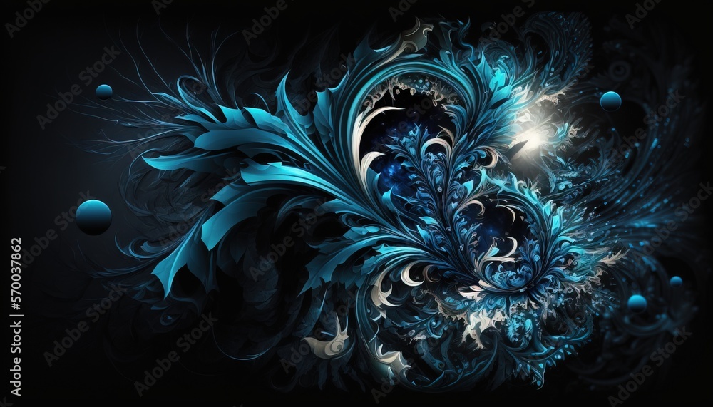 Aufkleber a computer generated image of a blue and white flower design on a black background, with bubbles and