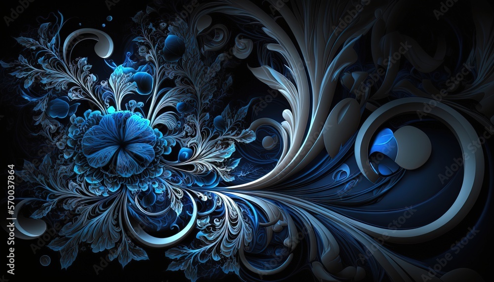 Poster a computer generated image of a blue and white flower design on a black background with a blue cente