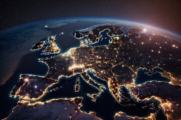 Obraz na płótnie Canvas Europe from space at night with city lights showing European cities in Germany, France, Spain, Italy and United Kingdom (UK), global overview Generative AI