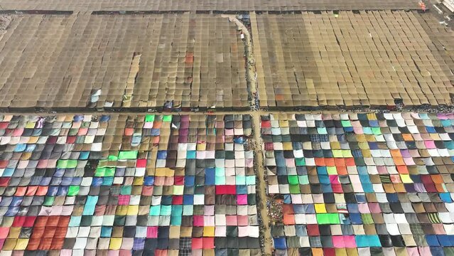 Aerial view of local market colourful tents at Minar Moshjid Tabling for the Global Muslims Congregation in Tongi, Dhaka, Bangladesh.