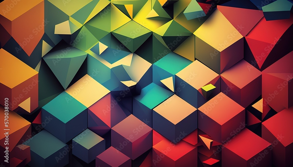 Poster a colorful abstract background with a lot of cubes and shapes on it's sides and a sun in the middle 