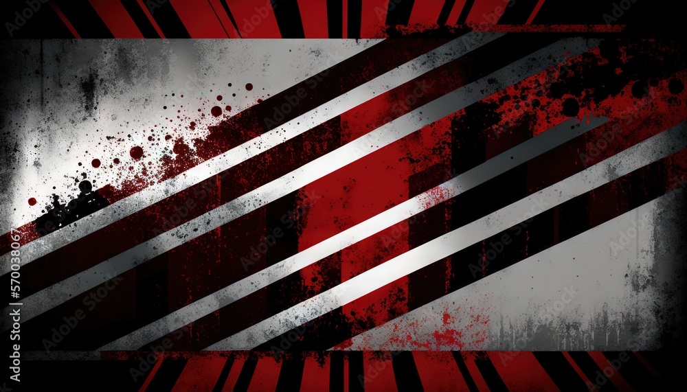 Poster a grungy red and white striped background with a black and white stripe on the bottom of the diagona