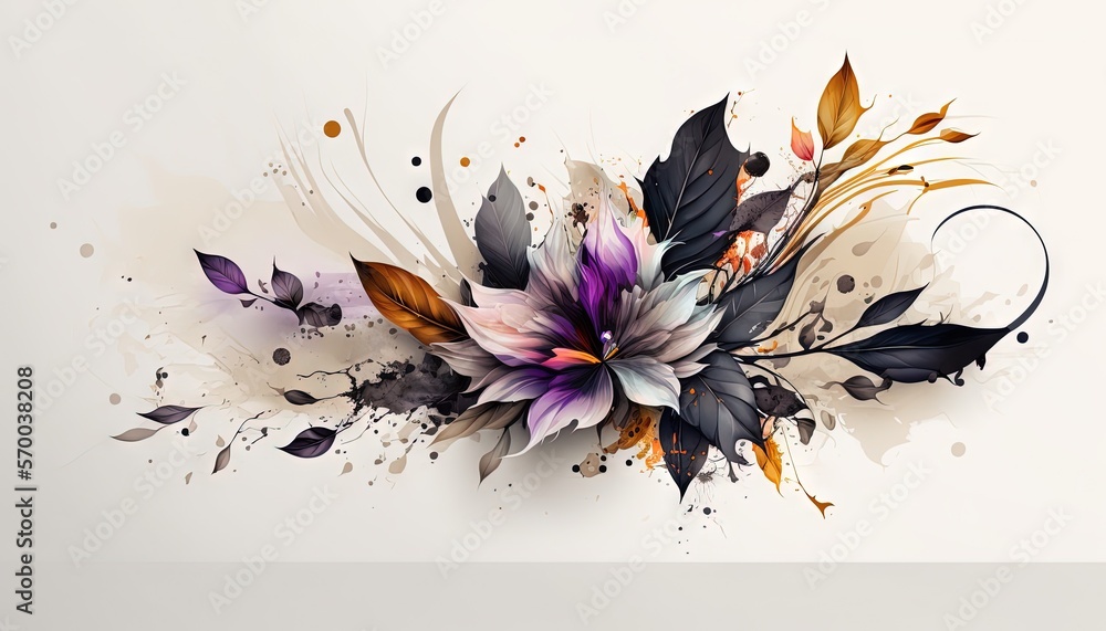 Poster a flower with many leaves on it on a white background with a splash of paint on the bottom of the im