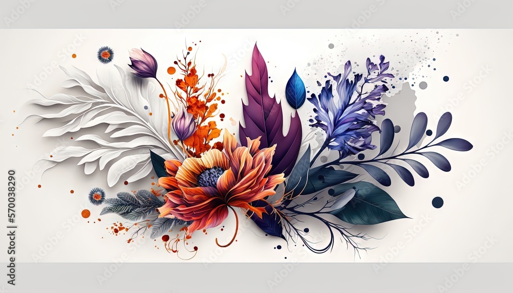 Aufkleber a painting of flowers and leaves on a white background with a splash of paint on the bottom half of 