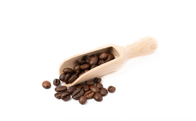 Coffee beans in wooden spoon isolated on white background.