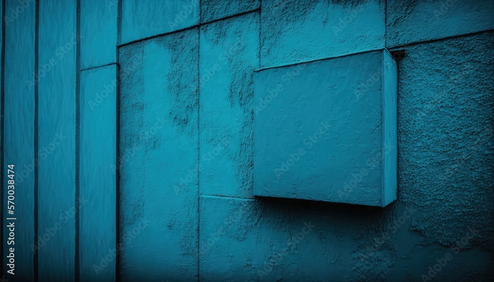 Poster a blue wall with a square window and a square window on the side of the building with a small window