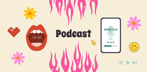 Podcast. Y2k vintage style. Talking mouth. Pink flames. Vector