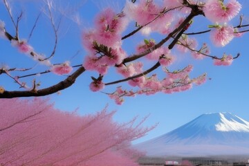 cherry blossom in spring, Fiji mountain, volcano - obrazy, fototapety, plakaty