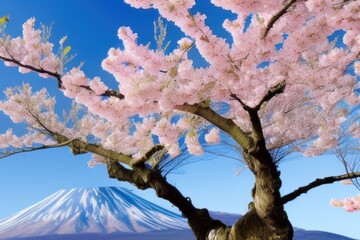 cherry blossom in spring, Fiji mountain, volcano - obrazy, fototapety, plakaty