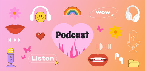 Podcast banner. Y2k style. Trendy podcast illustration. Vector