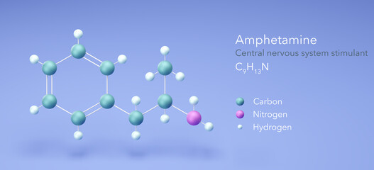 amphetamine molecule, molecular structures, c9h13n, 3d model, Structural Chemical Formula and Atoms with Color Coding