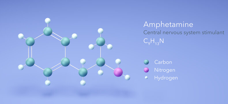 amphetamine molecule, molecular structures, c9h13n, 3d model, Structural Chemical Formula and Atoms with Color Coding
