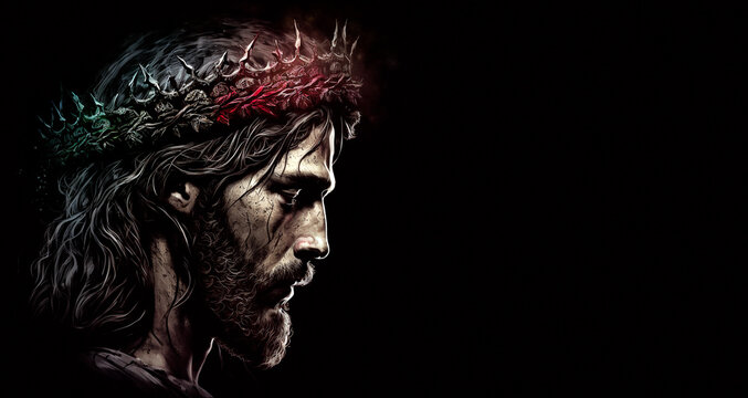 Jesus Christ with the crown of thorns, in profile on a black background - AI generative