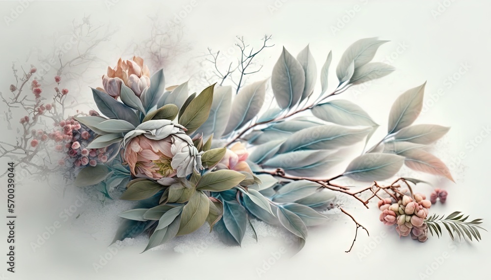 Poster a painting of flowers and leaves on a white background with a white background and a white backgroun