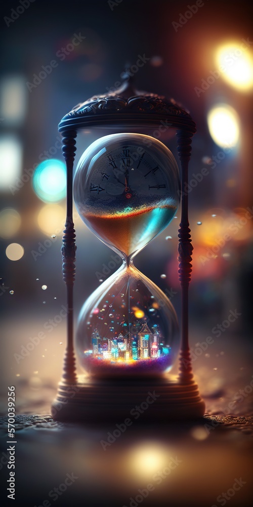Aufkleber a clock that is inside of a glass ball on a table top with a city in the background and a blurry bac