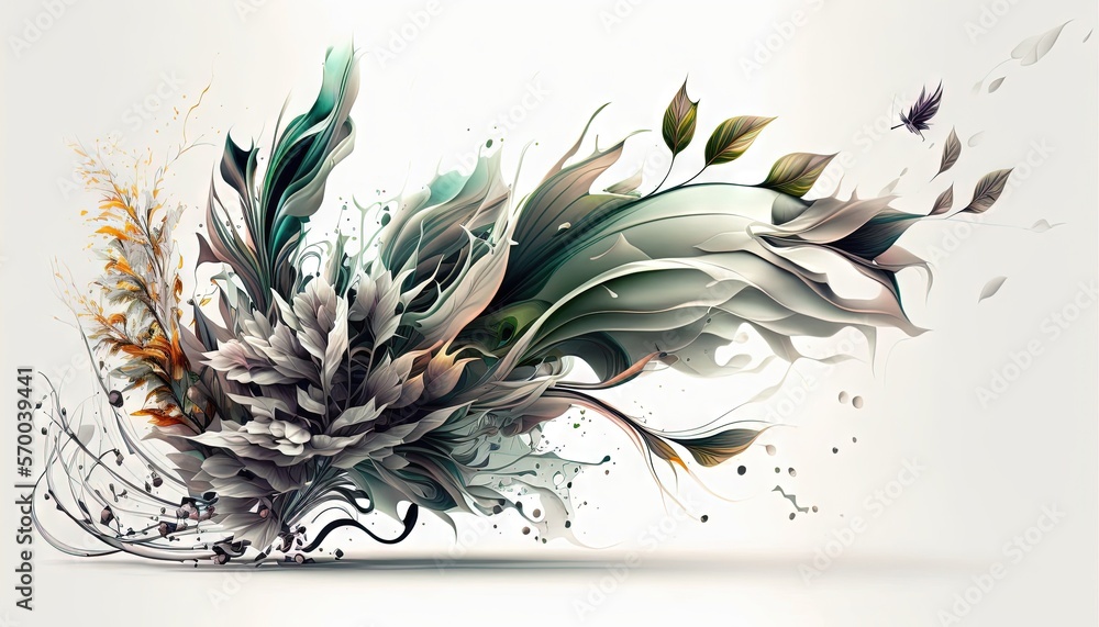 Poster an artistic floral arrangement with leaves and flowers on a white background with a spray of paint o