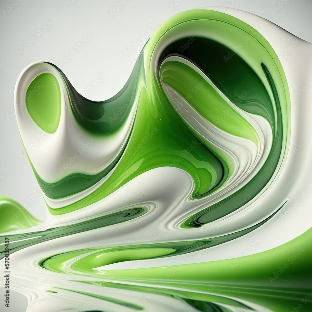 Poster a green and white abstract painting on a gray background with a white and green swirl in the middle 