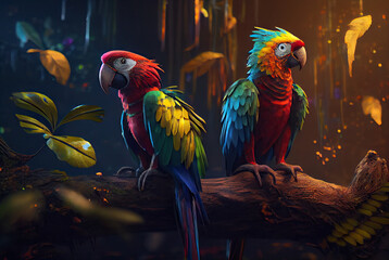 Colorful macaw in the jungle created with AI - obrazy, fototapety, plakaty